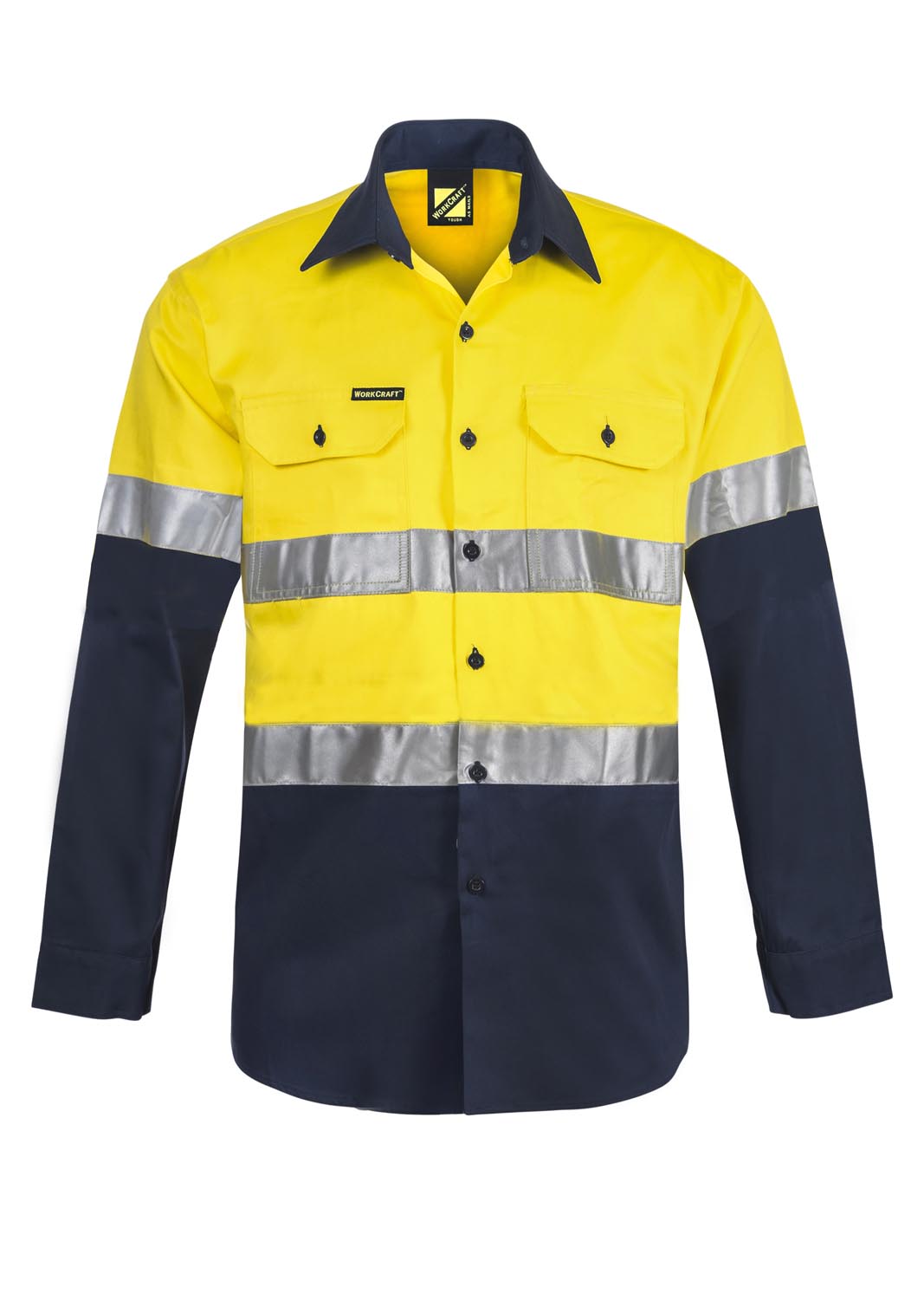 Light Weight Hi Vis Long Sleeves Vented Cotton Drill Reflective Shirt - Yellow/Navy - Front