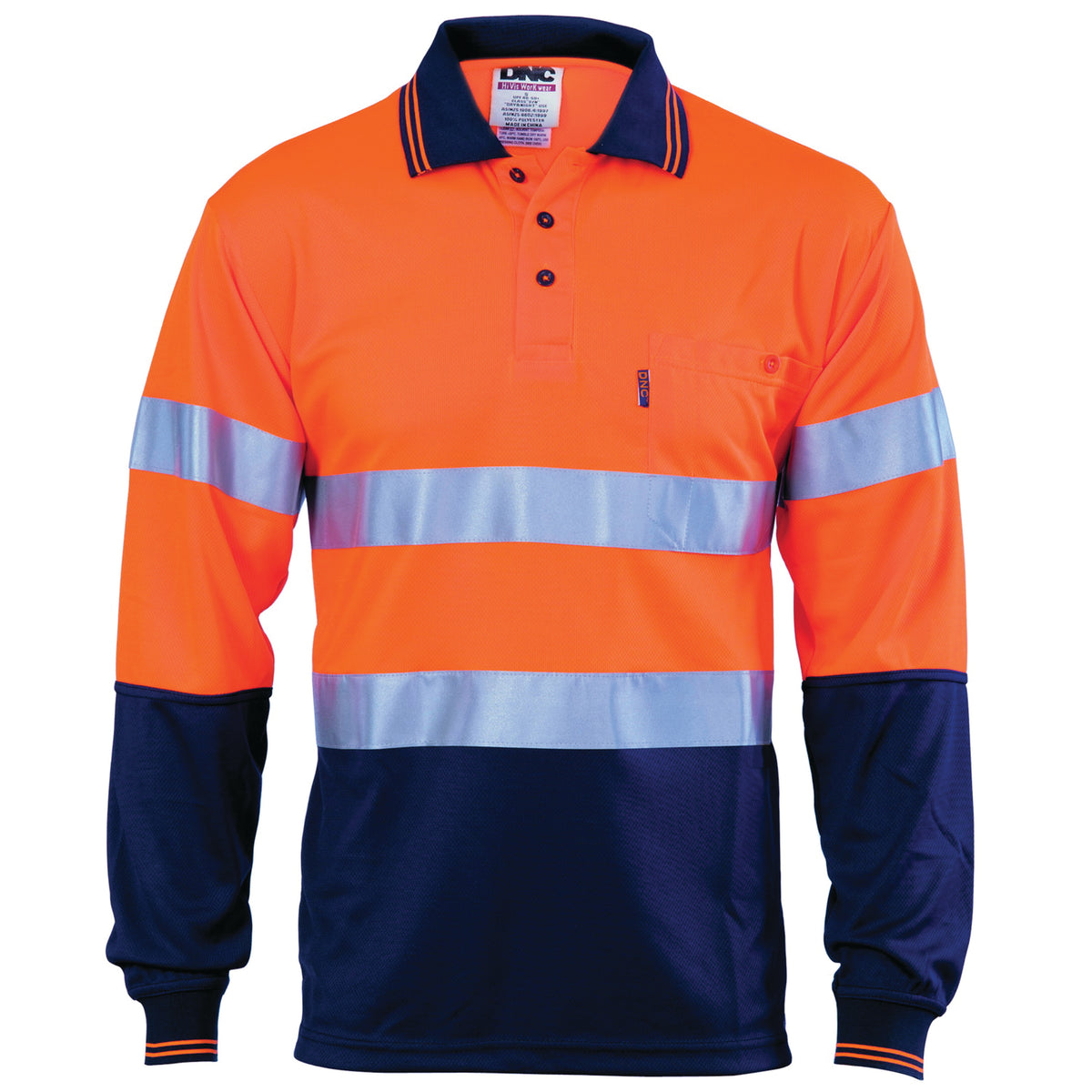 DNC Workwear HiVis D/N Cool Breathe Polo Shirt With CSR R/Tape - Long Sleeve 3716
