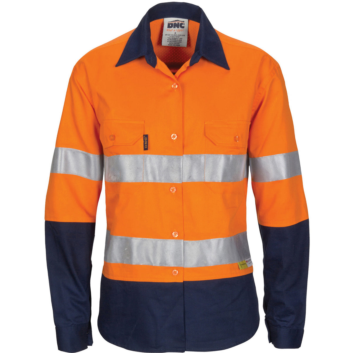 DNC Workwear Ladies HiVis 3 Way Cool-Breeze Cotton Shirt with Gusset Sleeve, CSR R/Tape - Long Sleeve 3749
