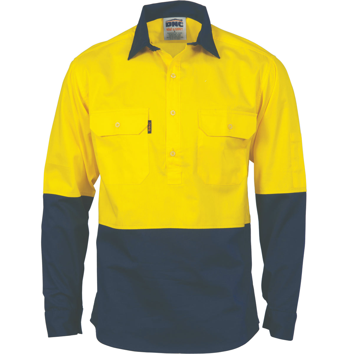 DNC Workwear HiVis Two Tone Close Front Cotton Drill Shirt with Gusset Sleeve - Long Sleeve 3834