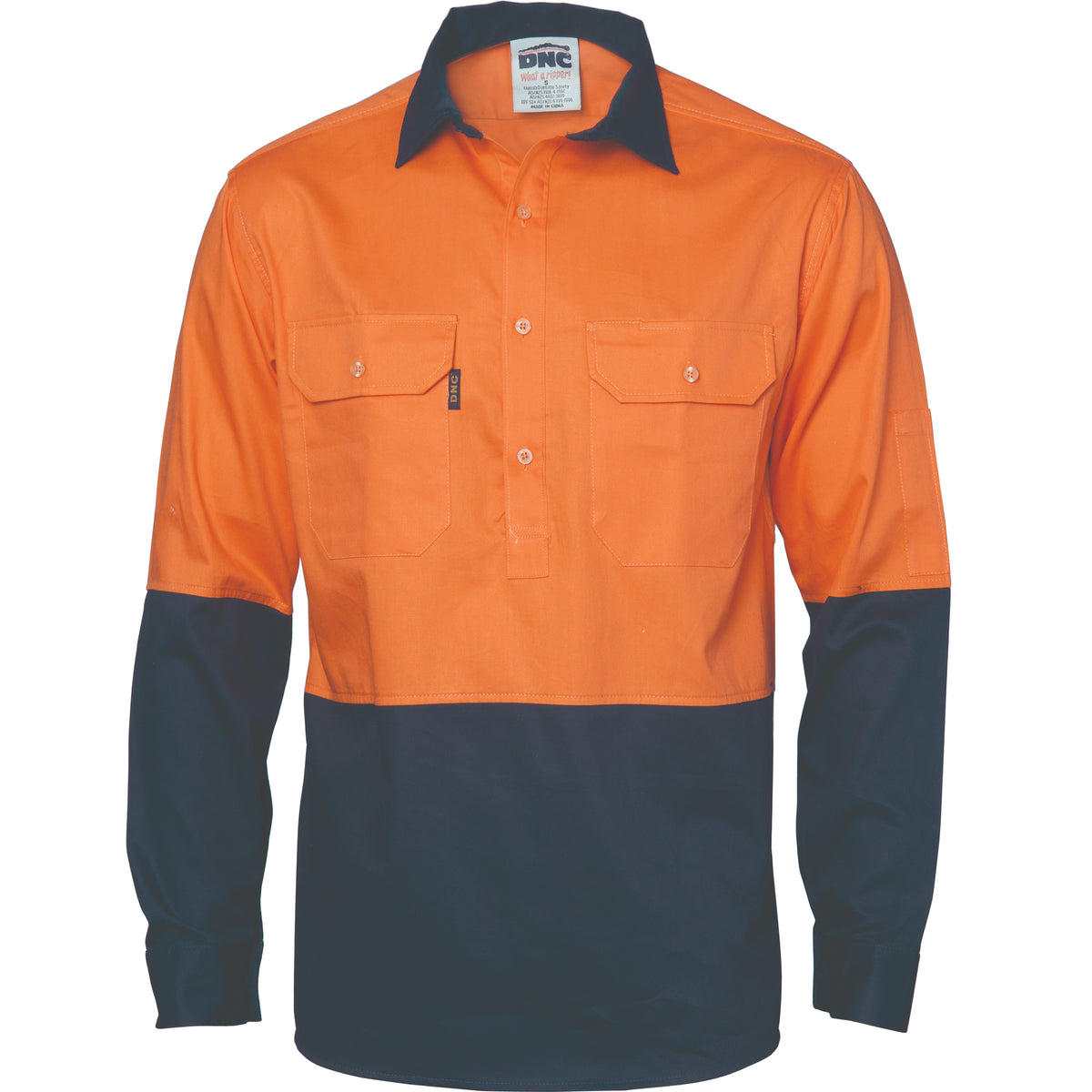 DNC Workwear HiVis Two Tone Close Front Cotton Drill Shirt with Gusset Sleeve - Long Sleeve 3834
