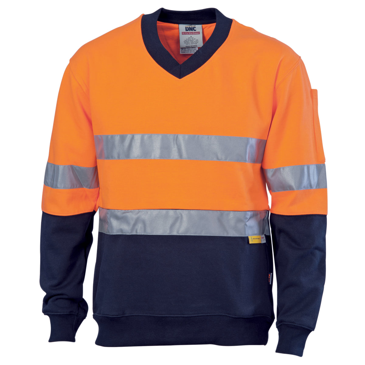 DNC Workwear HiVis Two Tone Cotton Fleecy Sweatshirt V-Neck with CSR R/Tape 3924