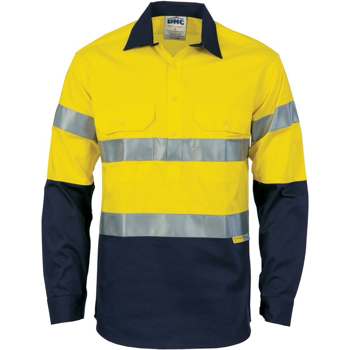 DNC Workwear HiVis Cool-Breeze Close Front Cotton Shirt with CSR R/Tape - Long sleeve 3949