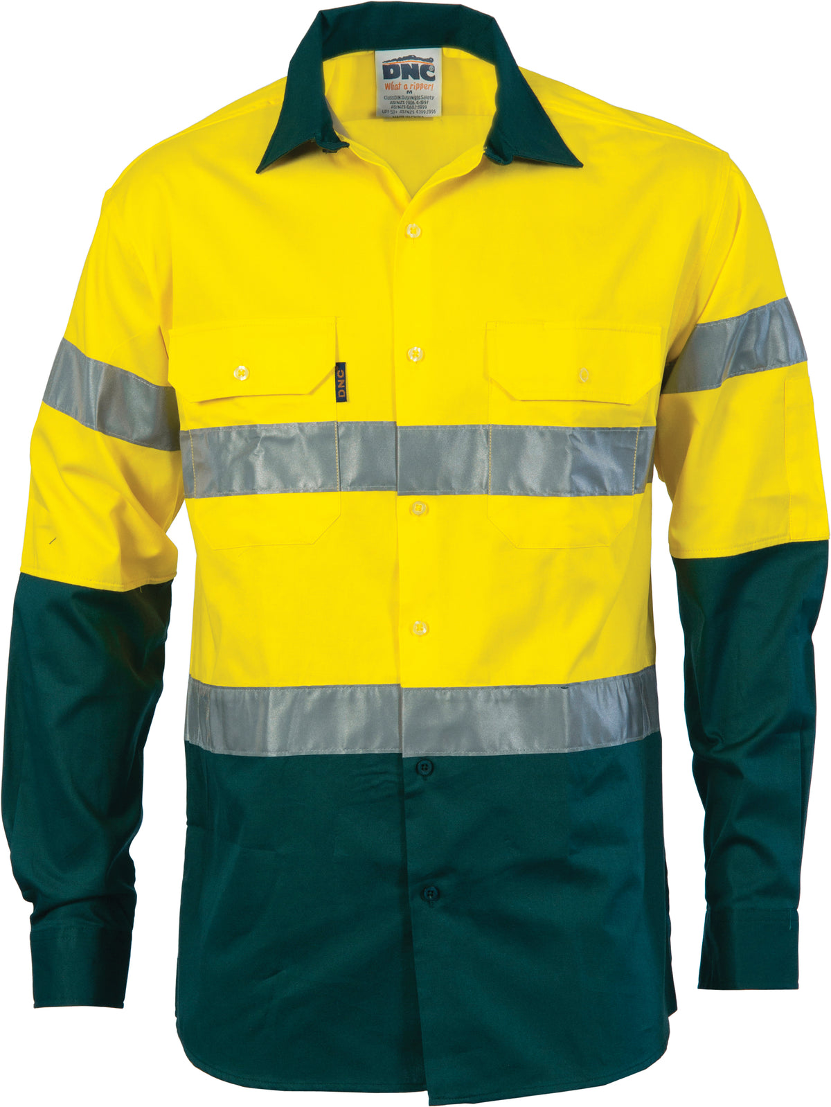 HiVis Cool-Breeze Cotton Shirt with CSR R/Tape - Long Sleeve - 3966 - Yellow/Bottle Green