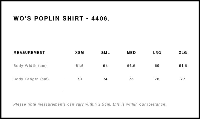 Wo's Poplin Shirt 4406S - Size guide