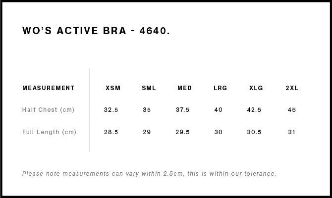 Wo's Active Bra Top 4640S - Size guide
