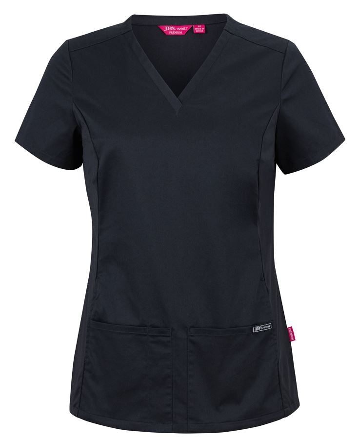 JB's Ladies Premium Stretch Panel Scrub Top - Black - Front