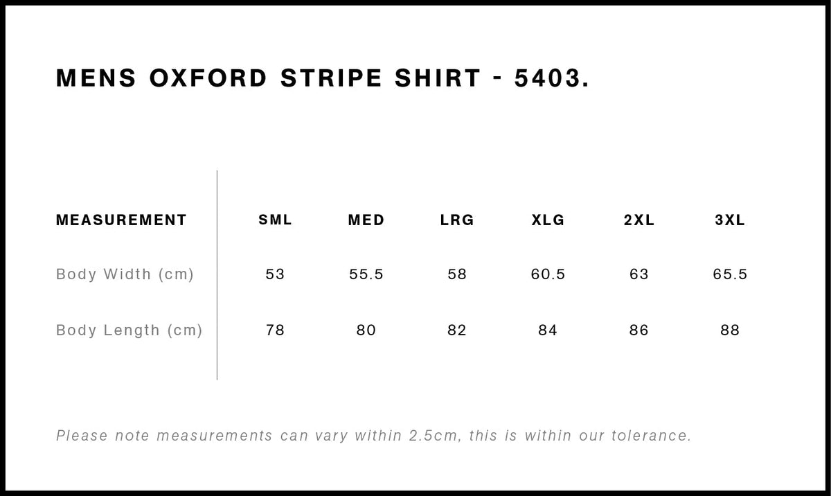 Oxford Stripe Shirt 5403 - Size guide