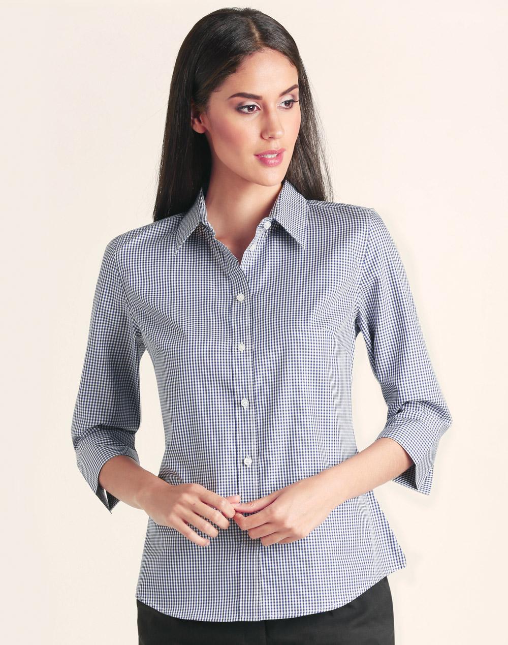 Benchmark Ladies' Two Tone Check 3/4 Sleeve Shirt M8320Q