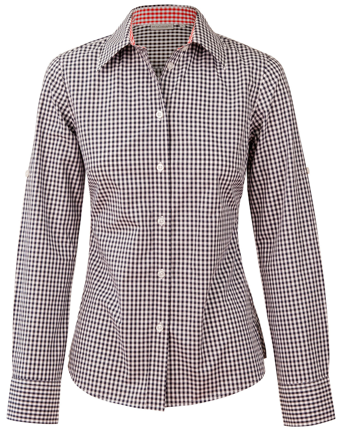 Women's Gingham Check Roll-up L/S Shirt - M8330L - Navy / White