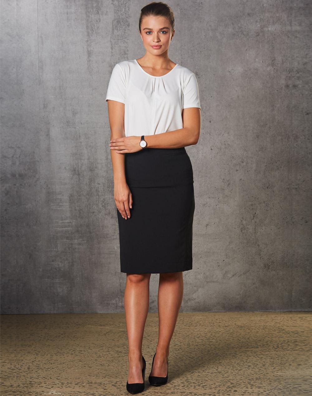 Benchmark Women's Mid Length Lined Pencil Skirt in Poly/Viscose Stretch Stripe M9472