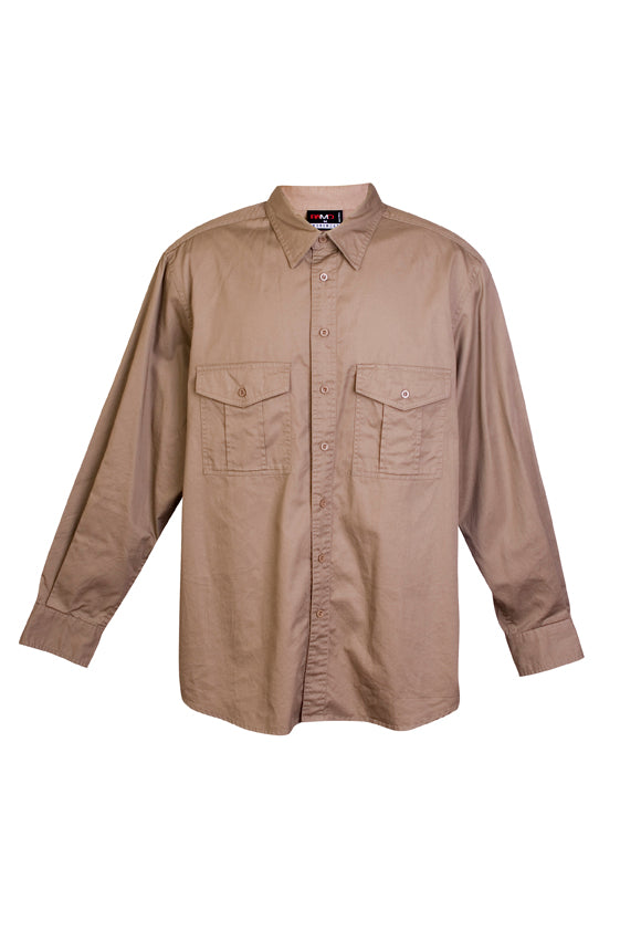 Cotton Drill Work long Sleeve Shirt - Khaki - Front