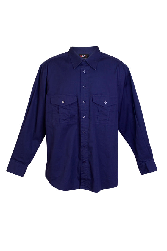Cotton Drill Work long Sleeve Shirt - Navy Blue - Front