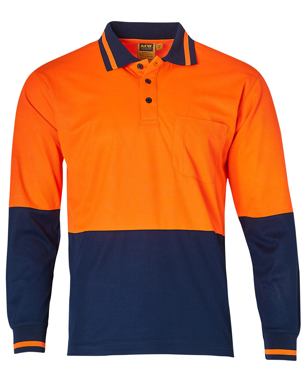 Hi-Vis truedry safety polo L/S - SW11 - FluoroOrange / Navy