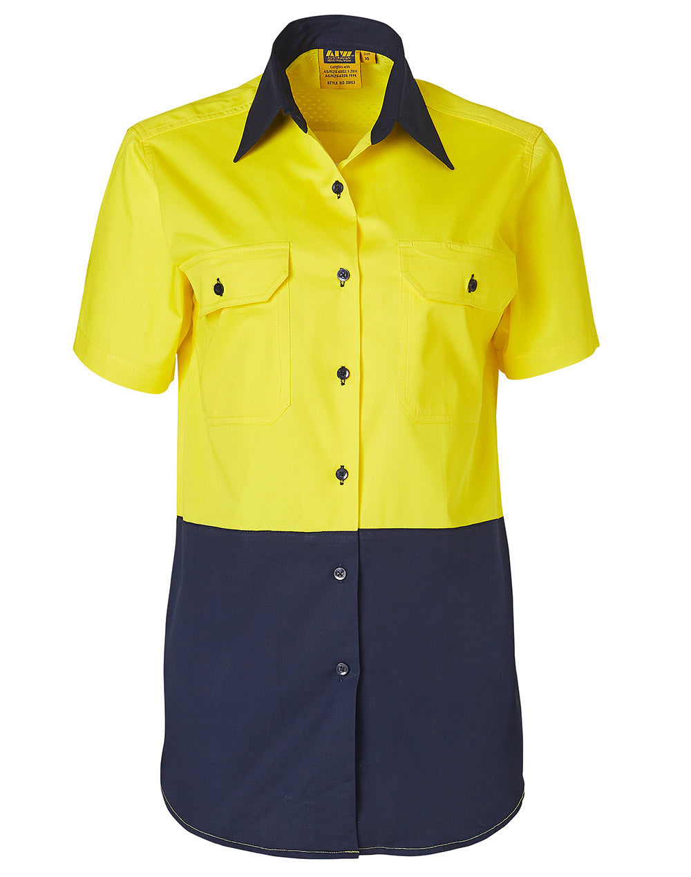 Ladies' Hi-Vis S/S Safety Shirt - SW63 - FluoroYellow / Navy
