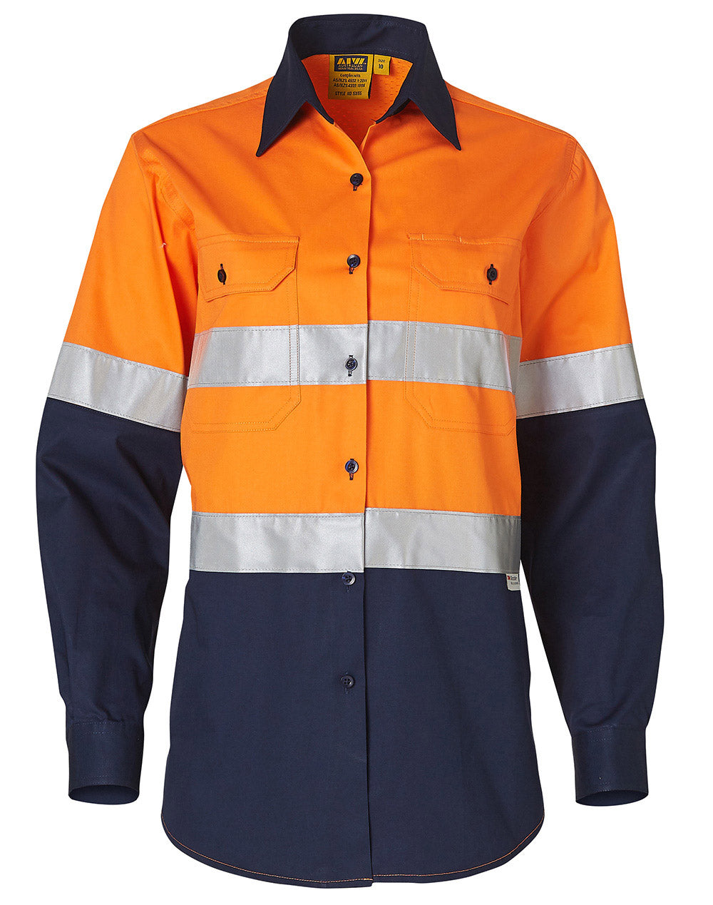 Ladies' Hi-Vis L/S Safety Shirt 3M Tape - SW65 - FluoroOrange / Navy