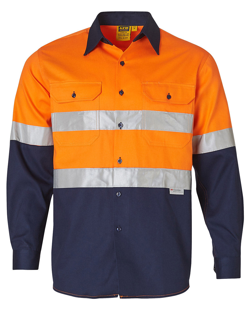 Men's Hi-Vis Cotton Twill L/S Safety Shirt (3M tape) - SW68 - Orange / Navy