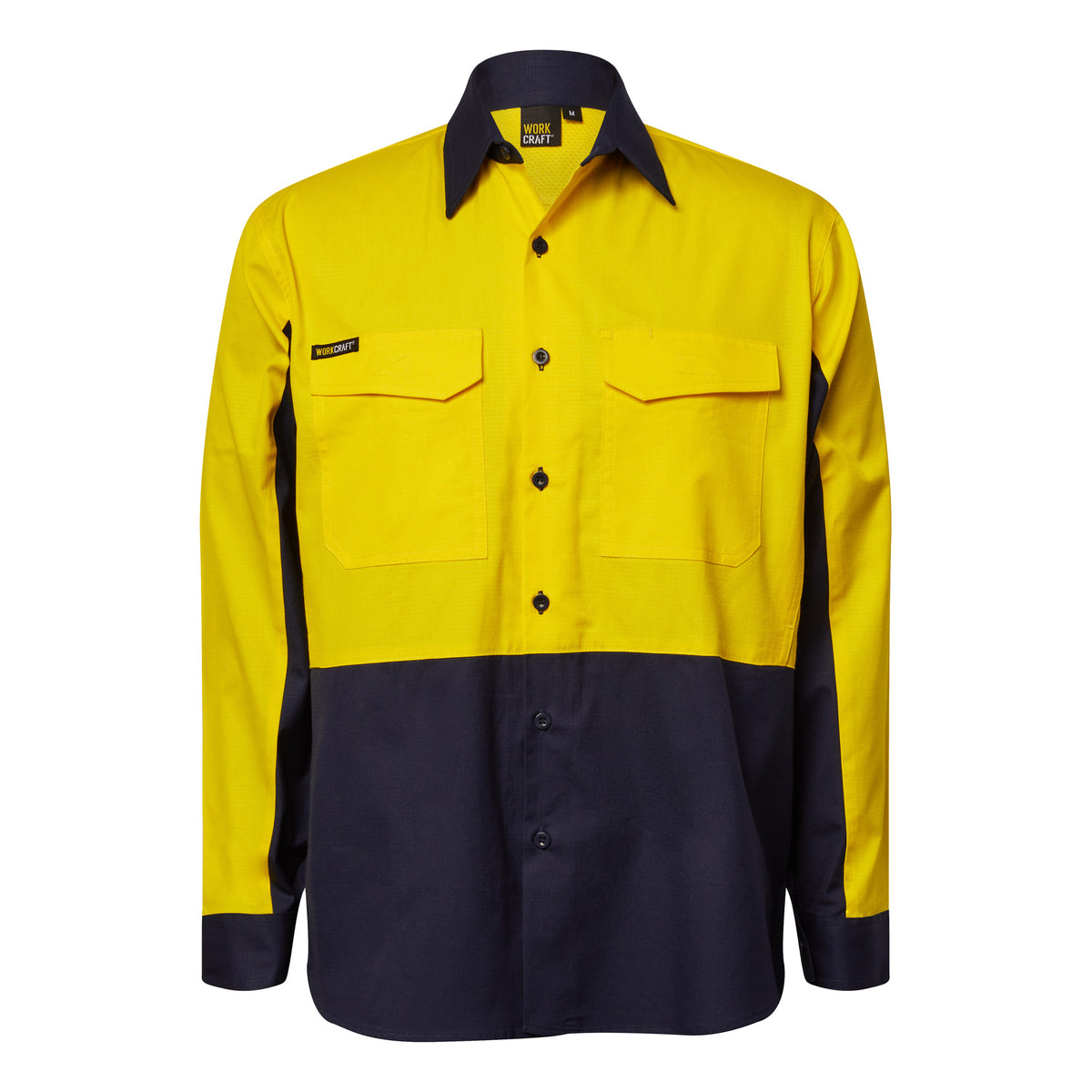 Hi Vis Long Sleeve Vented Ripstop Shirt - Yellow/Navy - Front