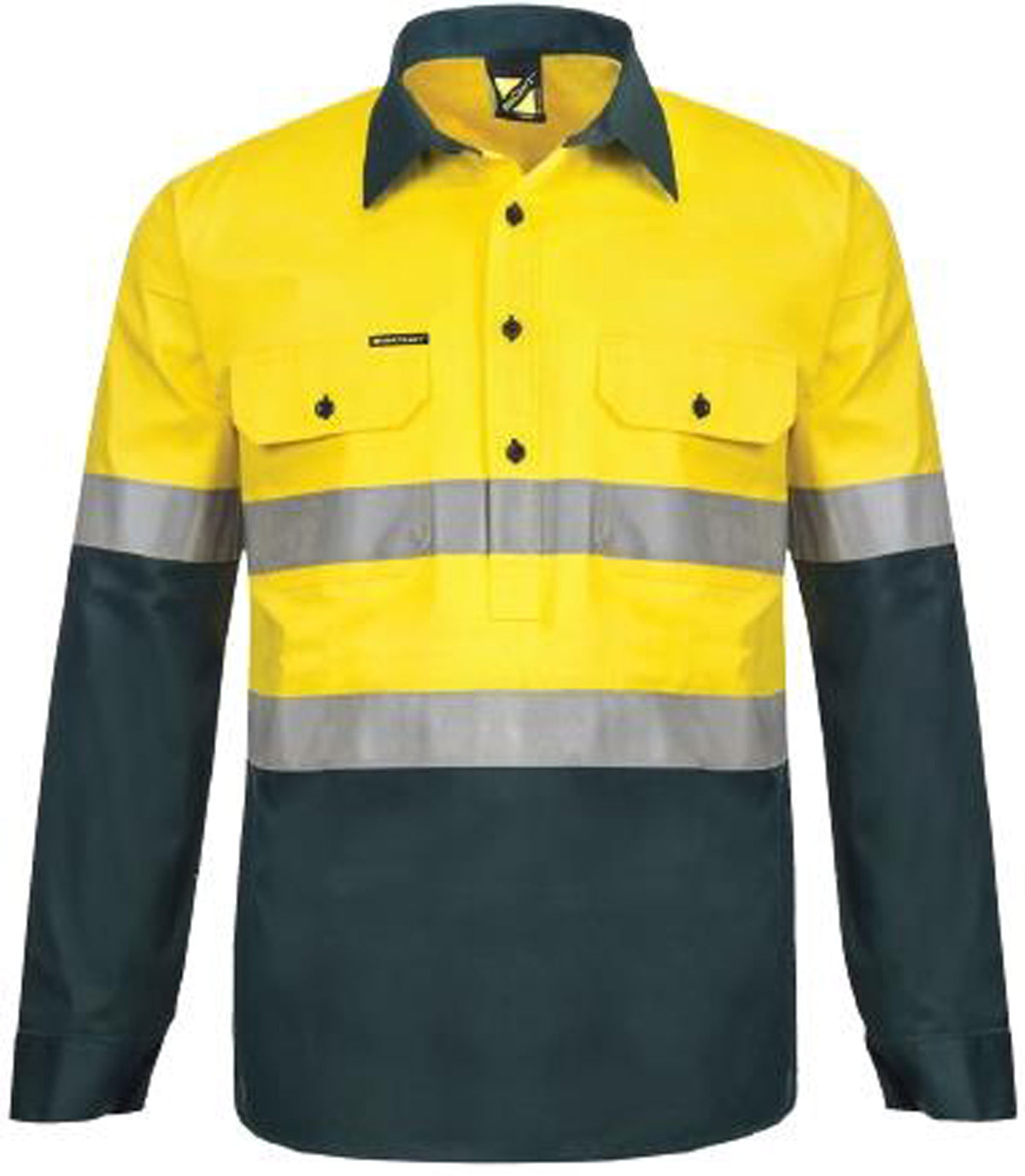 Lightweight Hi Vis Closed Front Vented Cotton Drill Reflective Shirt With Semi Gusset Sleeves - Yellow/Navy - Front
