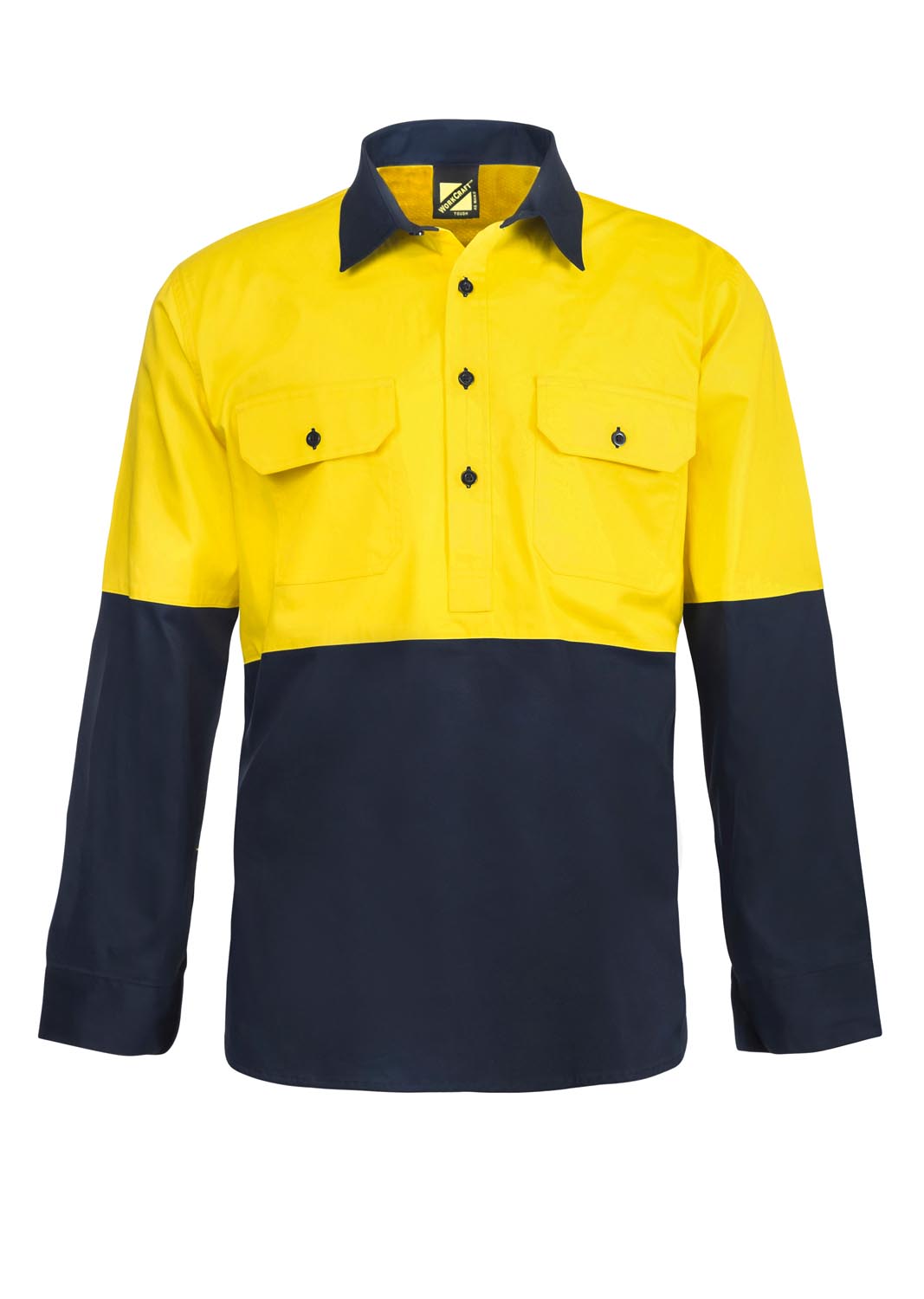 Hi Vis Closed Front Cotton Drill Shirt With Semi Gusset Sleeves - Yellow/Navy - Front