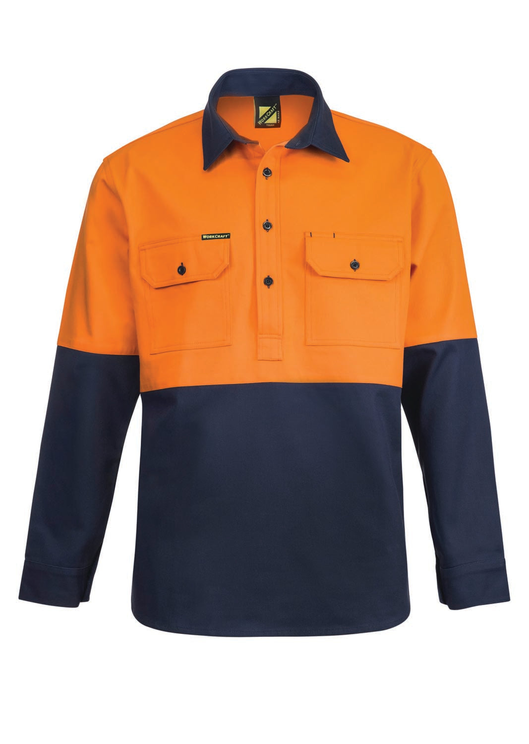 Heavy Duty Hybrid Hi Vis Closed Front Cotton Drill Shirt With Gusset Sleeves - Orange/Navy - View