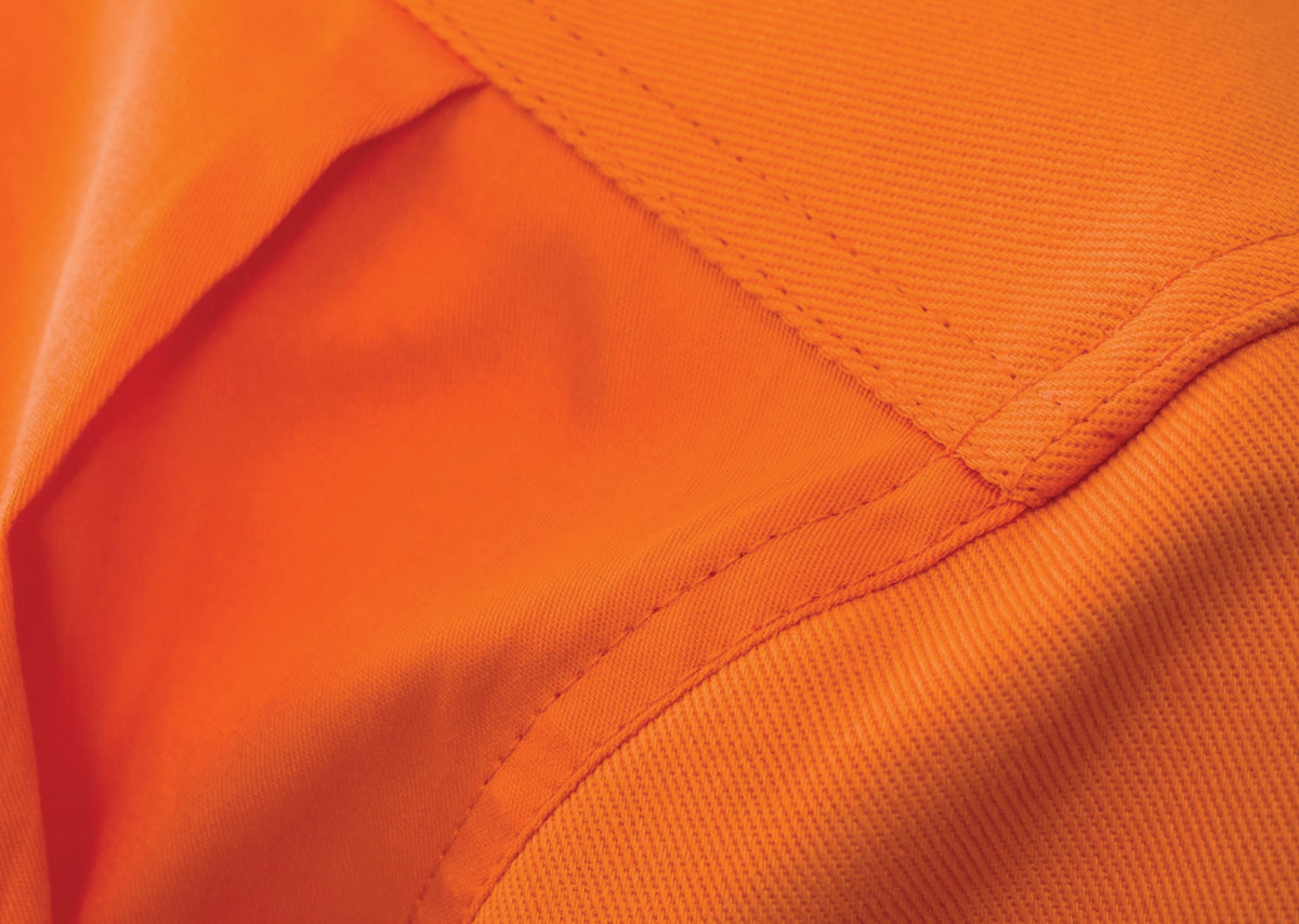 Heavy Duty Hybrid Hi Vis Closed Front Cotton Drill Shirt With Gusset Sleeves - Orange/Navy - View