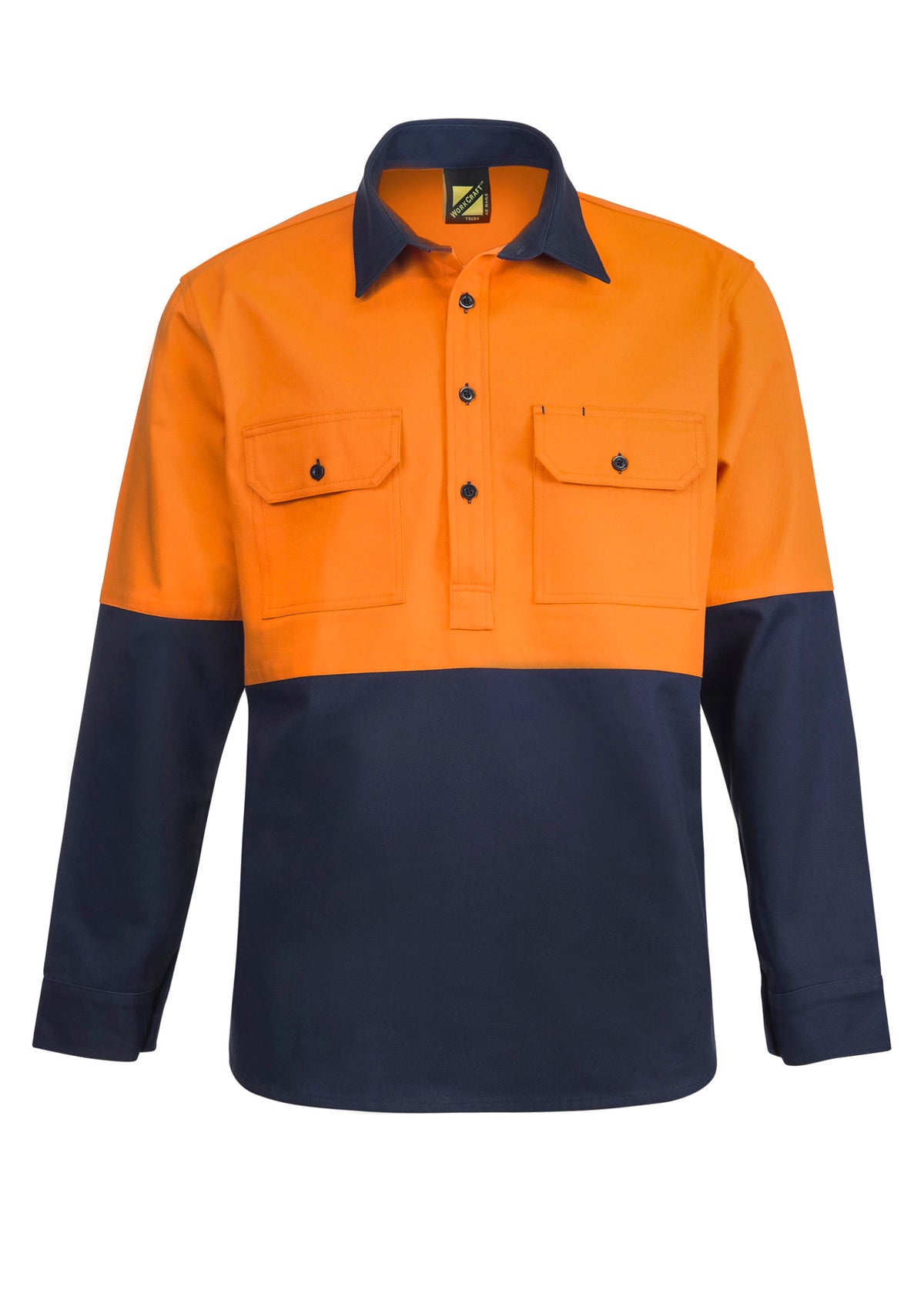 Heavy Duty Hybrid Hi Vis Closed Front Cotton Drill Shirt With Gusset Sleeves - Orange/Navy - Front