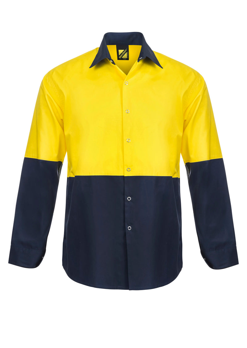 Lightweight Hi Vis Long Sleeve Vented Cotton Drill Food Industry Shirt With Press Studs And Spare Pockets