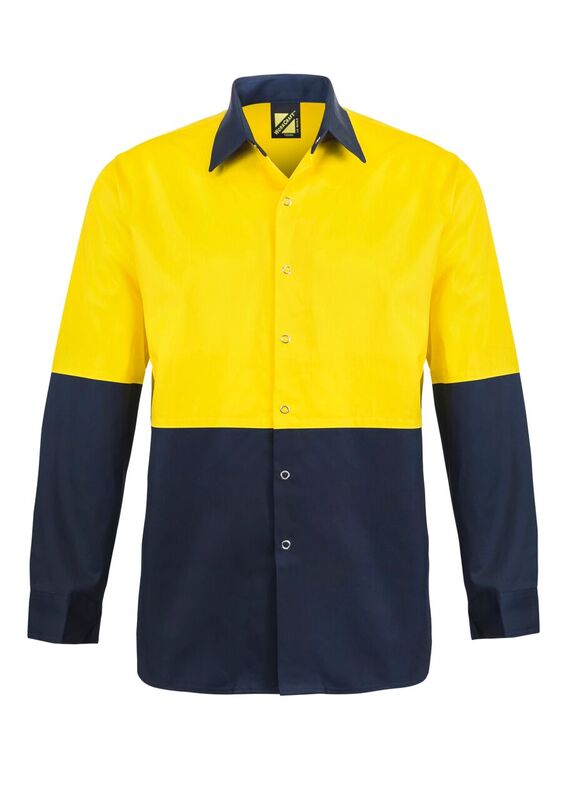 Hi Vis Long Sleeve Cotton Drill Food Industry Shirt With Press Studs And Spare Pockets - Yellow/Navy - Front