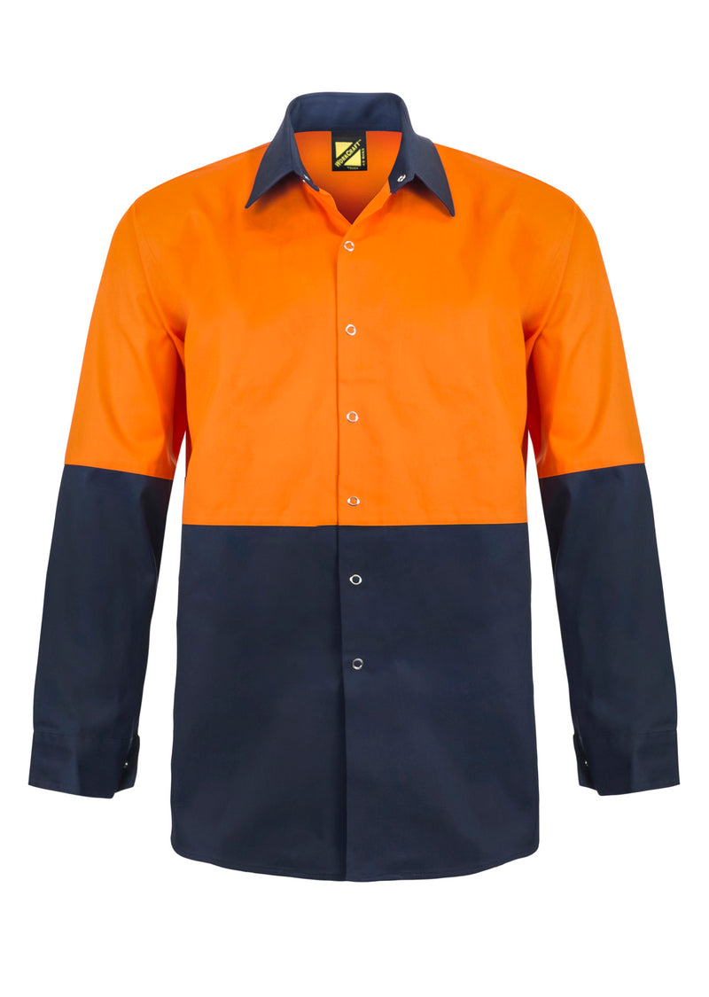 Hi Vis Long Sleeve Cotton Drill Food Industry Shirt With Press Studs And Spare Pockets