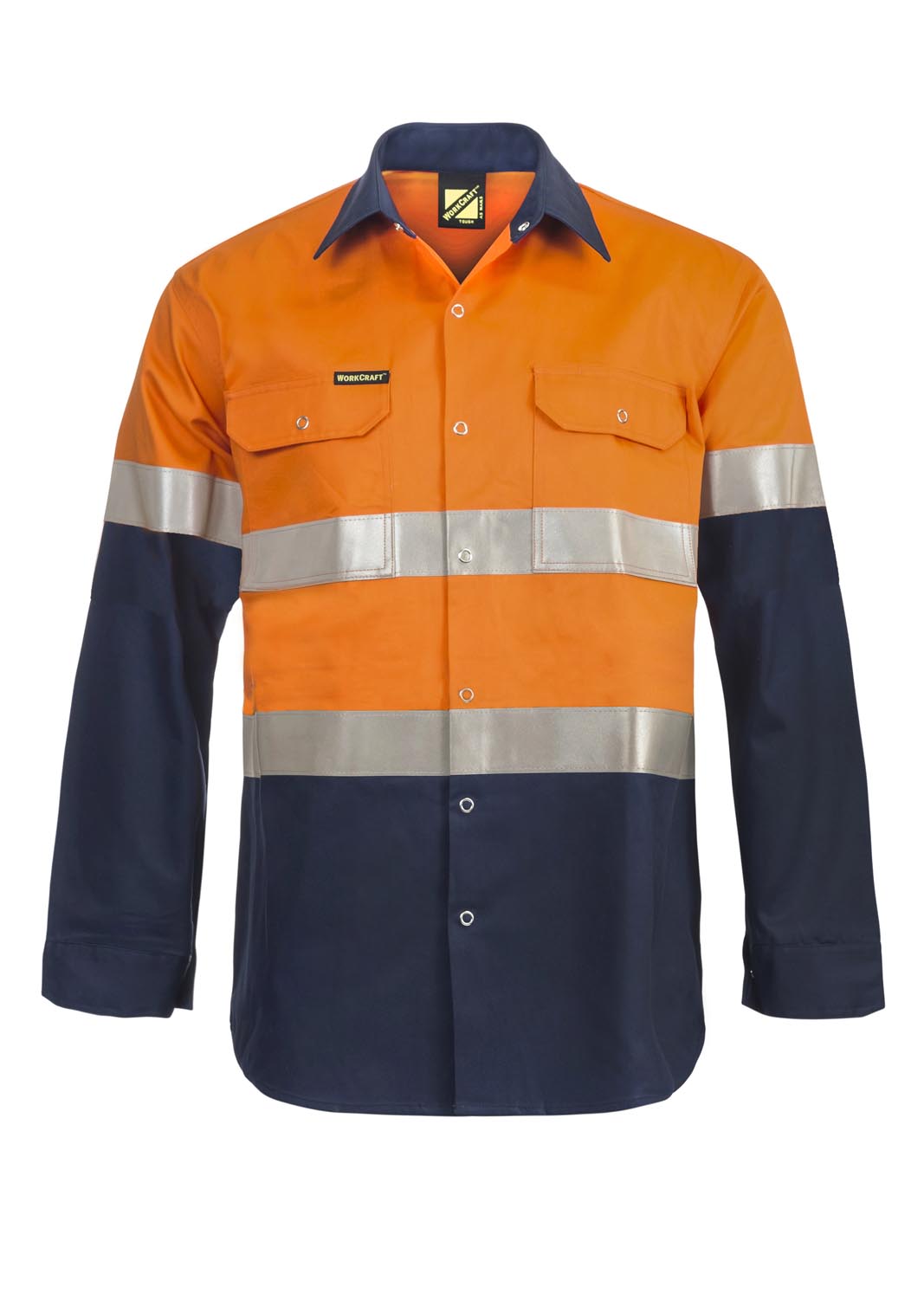 Hi Vis Long Sleeve Cotton Drill Industrial Laundry Reflective Shirt With Press Studs - Orange/Navy - Front