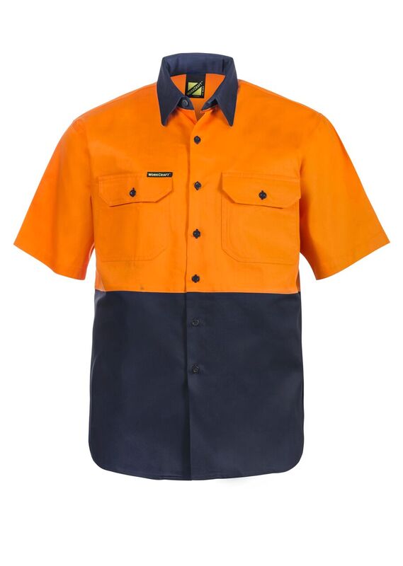 Hi Vis Short Sleeve Cotton Drill Shirt - Orange/Navy - Front