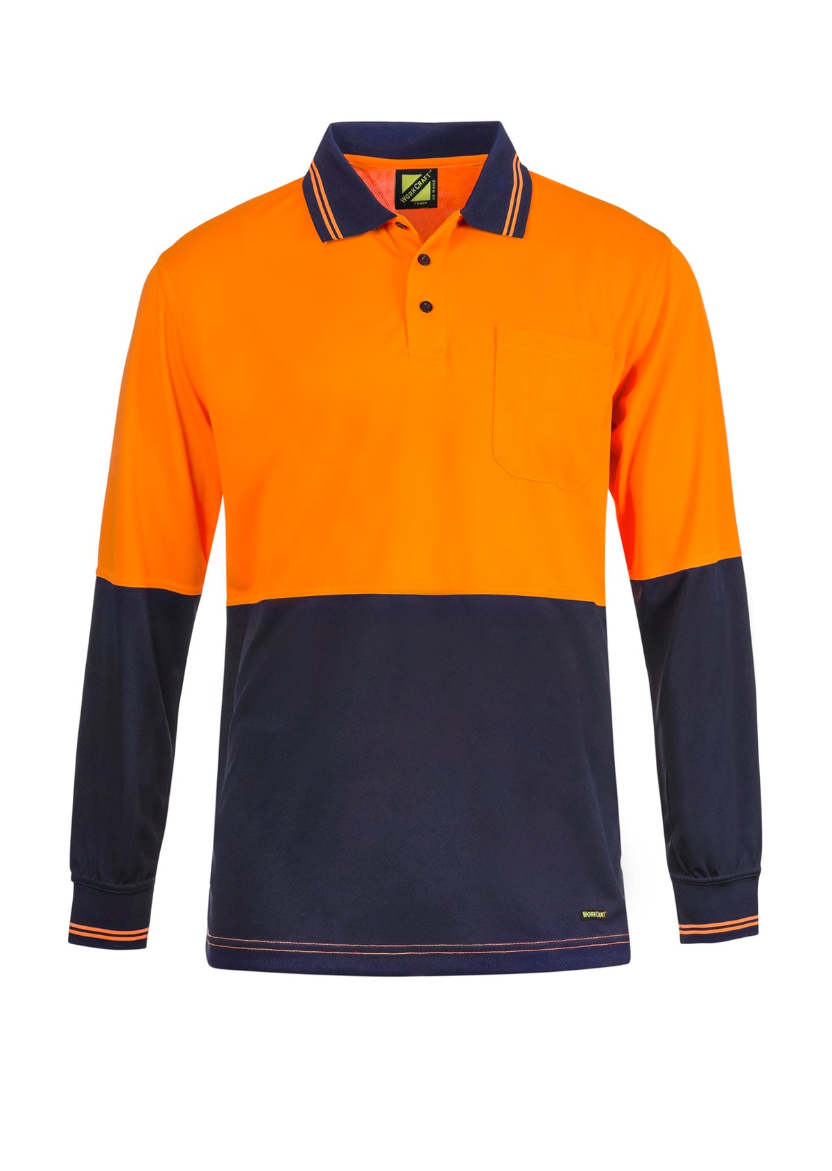 Hi Vis Long Sleeve Micromesh Polo With Pocket - Orange/Navy - Front