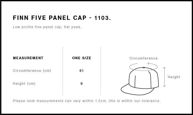 Finn Five Panel Cap 1103 - Size guide