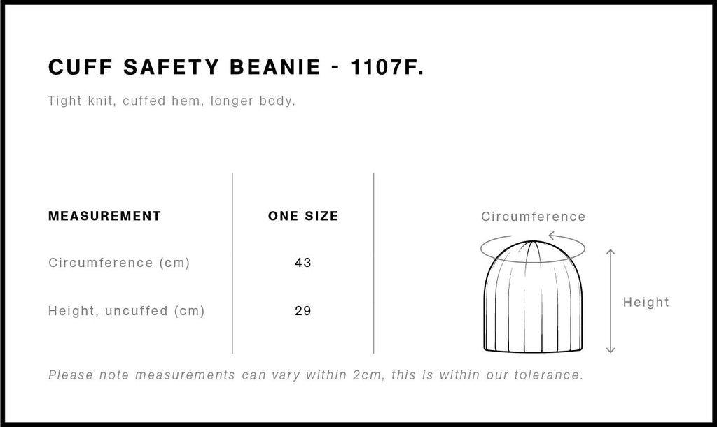 Cuff Safety Beanie 1107F - Size guide