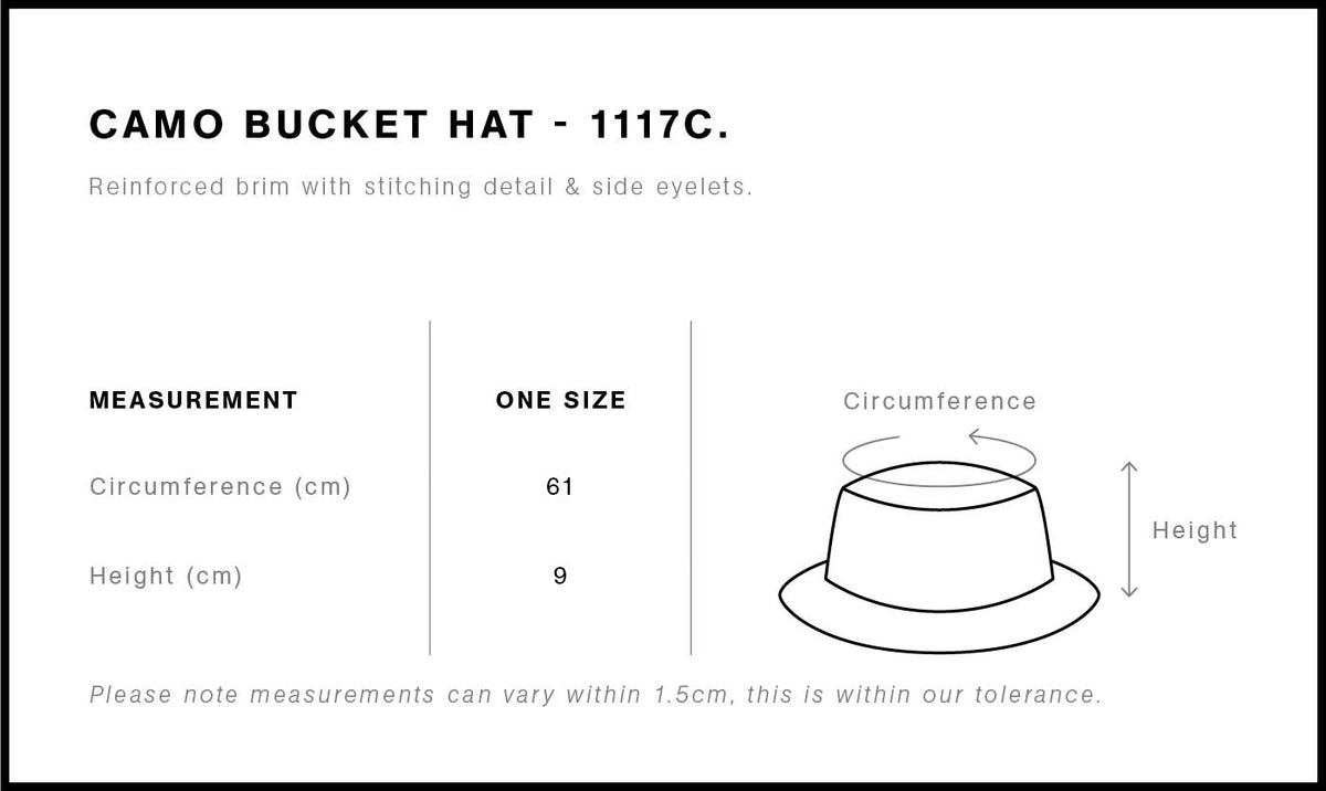 Camo Bucket Hat 1117C - Size guide