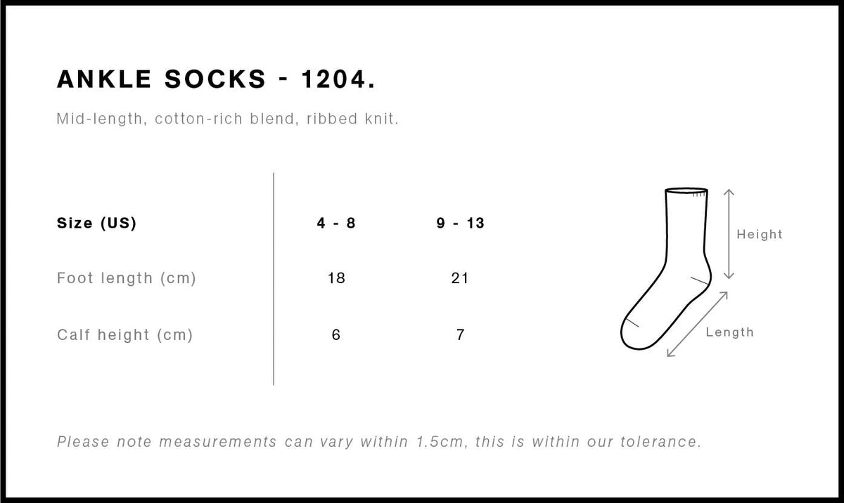 Ankle Socks (2 Pairs) 1204 - Size guide