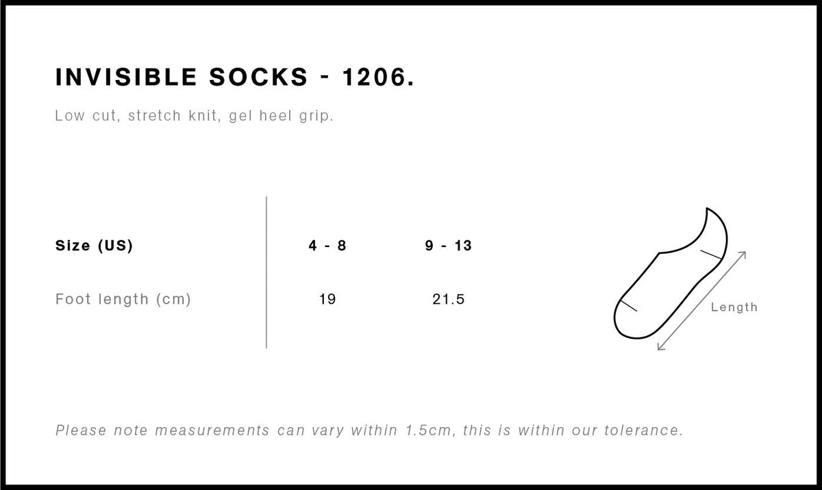Invisible Socks (2 Pairs) 1206 - Size guide