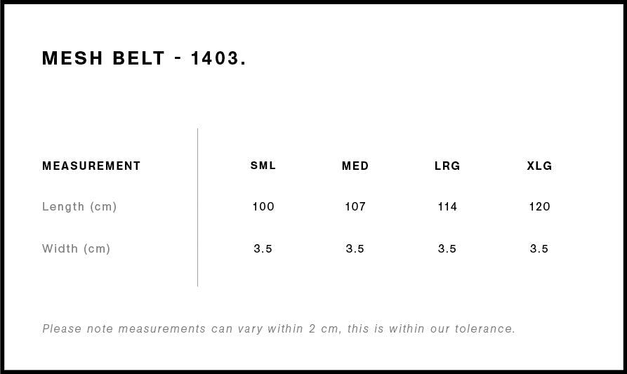 Mesh Belt 1403 - Size guide