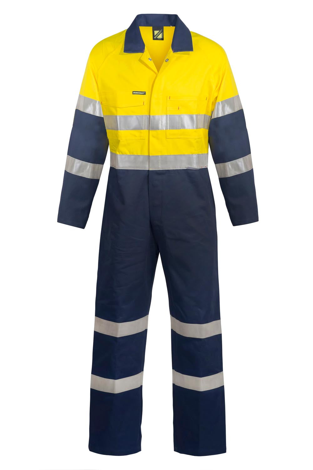 Hi Vis Cotton Drill Reflective Industrial Laundry Coveralls - Yellow/Navy - Front