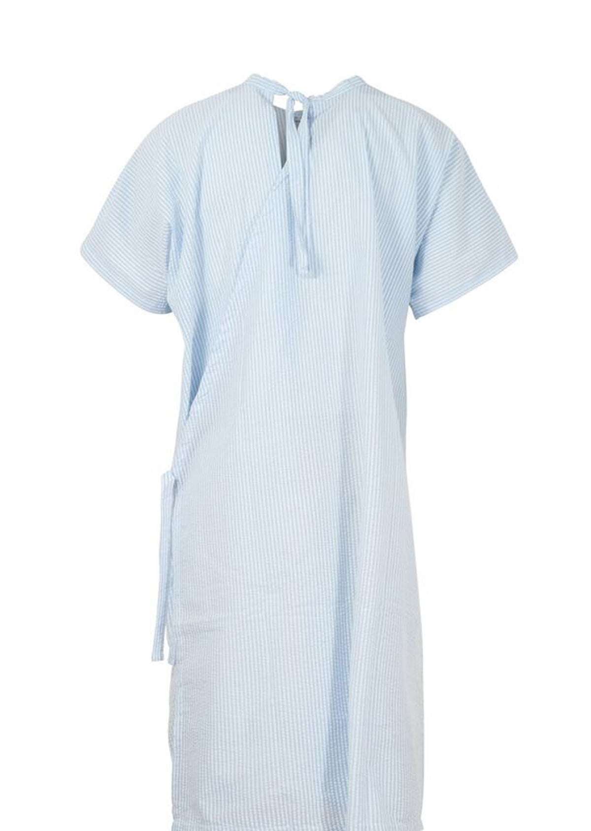 Seersucker Gown with Shoulder Studs - Blue