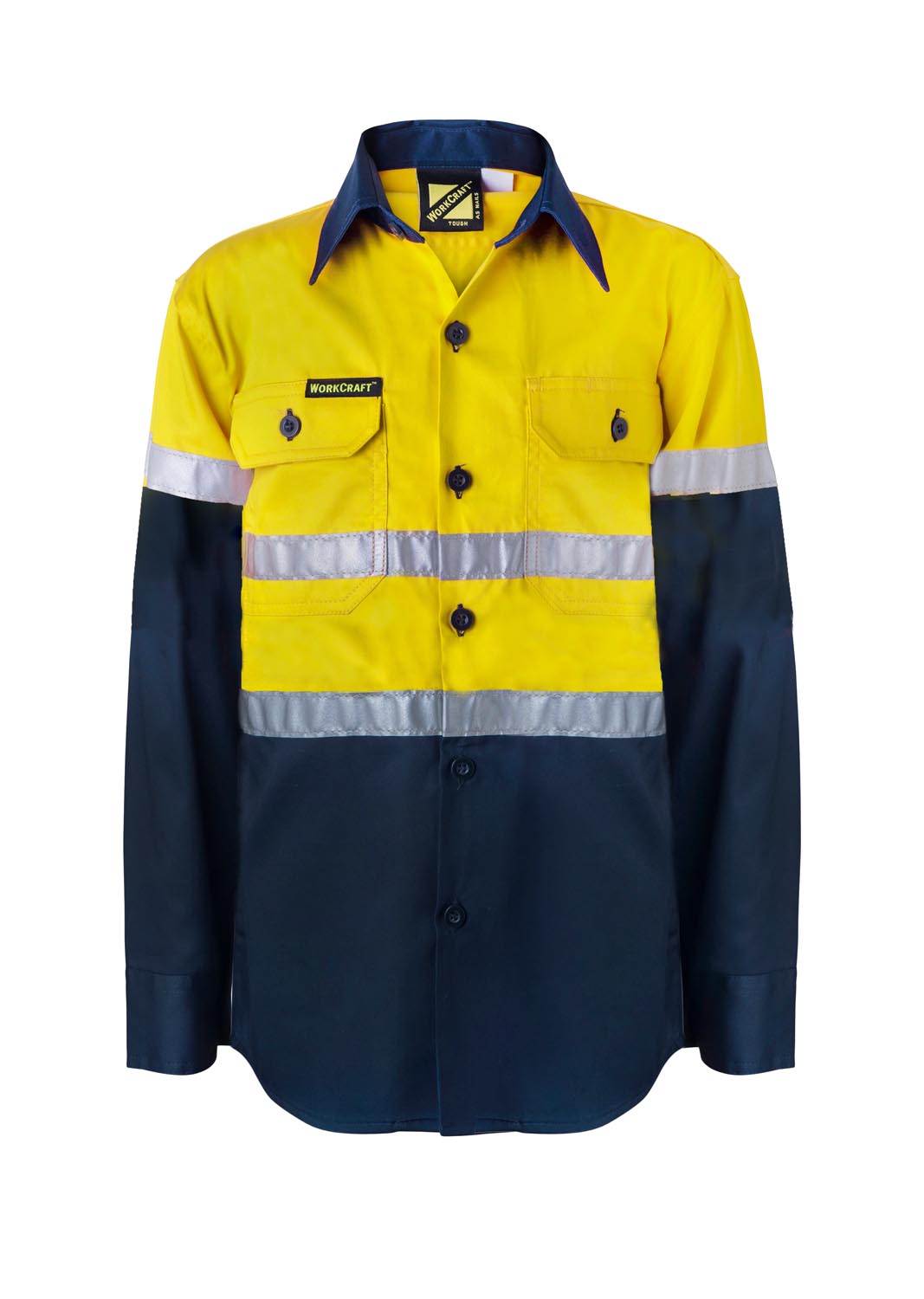 Kids Lightweight Hi Vis Long Sleeve Reflective Cotton Drill Shirt - Yellow/Navy - Front