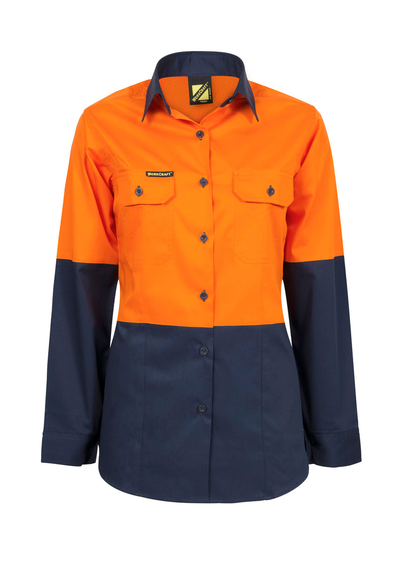 Ladies Lightweight Hi Vis Long Sleeve Vented Cotton Drill Shirt