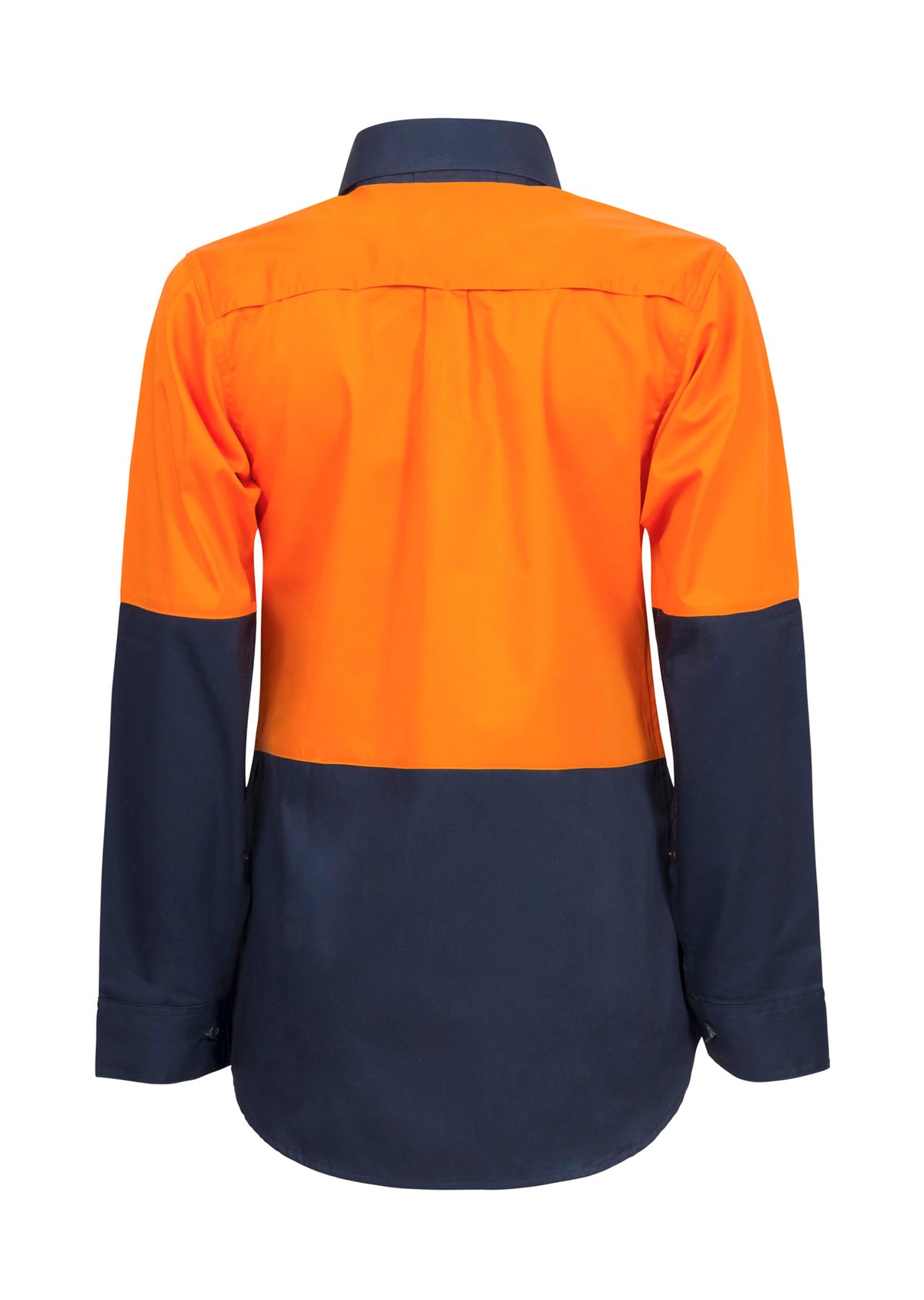 Ladies Lightweight Hi Vis Long Sleeve Vented Cotton Drill Shirt - Orange/Navy - View