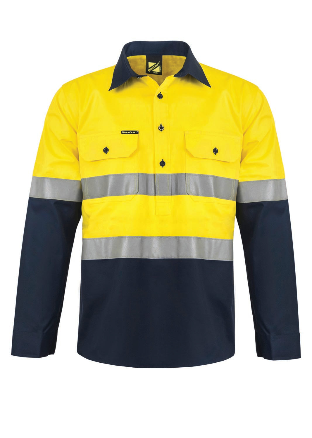 Hi Vis Closed Front Cotton Drill Reflective Shirt With Semi Gusset Sleeves - Yellow/Navy - Front