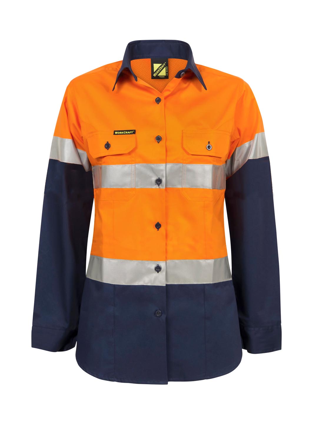 Ladies Lightweight Hi Vis Long Sleeve Vented Reflective Cotton Drill Shirt - Orange/Navy - Front