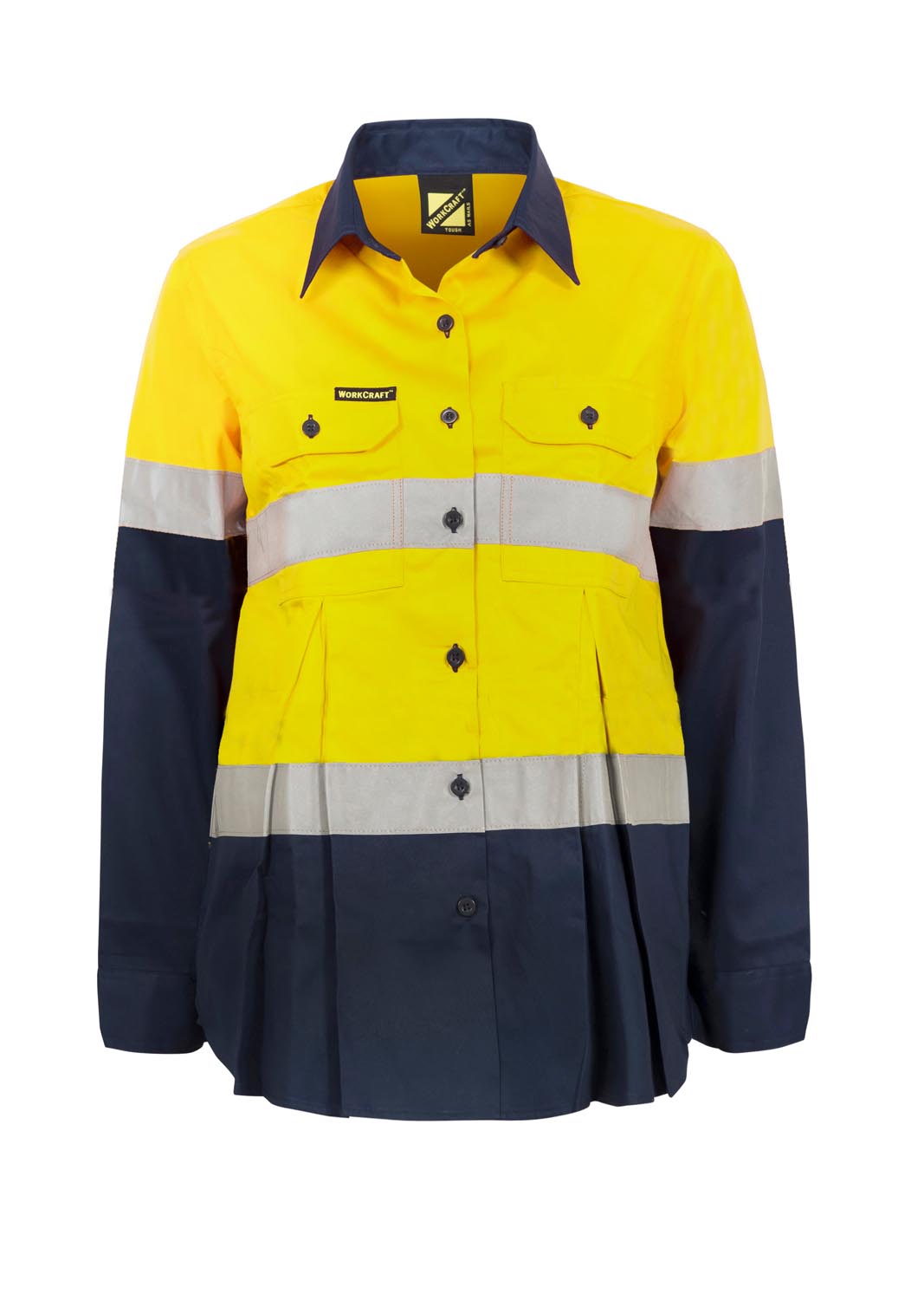 Maternity Lightweight Hi Vis Long Sleeve Vented Reflective Cotton Drill Shirt - Yellow/Navy - Front