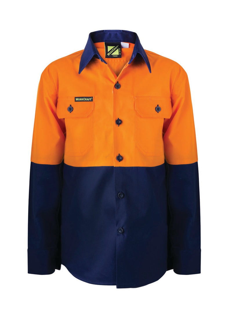 Kids Lightweight Hi Vis Long Sleeve Cotton Drill Shirt