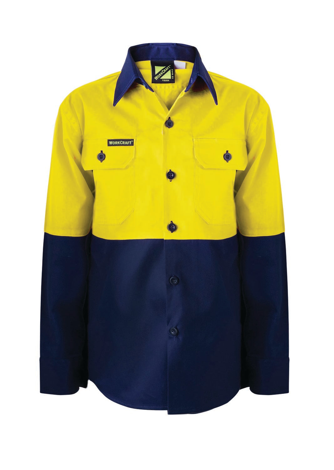 Kids Lightweight Hi Vis Long Sleeve Cotton Drill Shirt - Yellow/Navy - Front