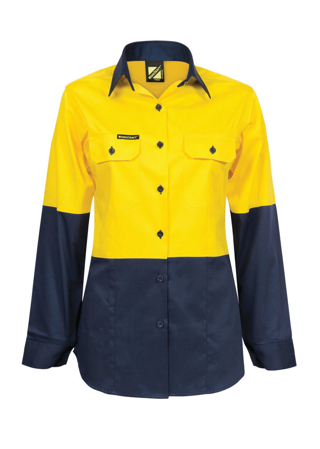 Ladies Lightweight Hi Vis Long Sleeve Vented Cotton Drill Shirt - Yellow/Navy - Front